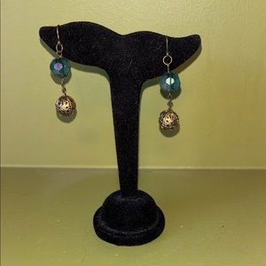 Gold and Blue Beaded Dangle Earrings